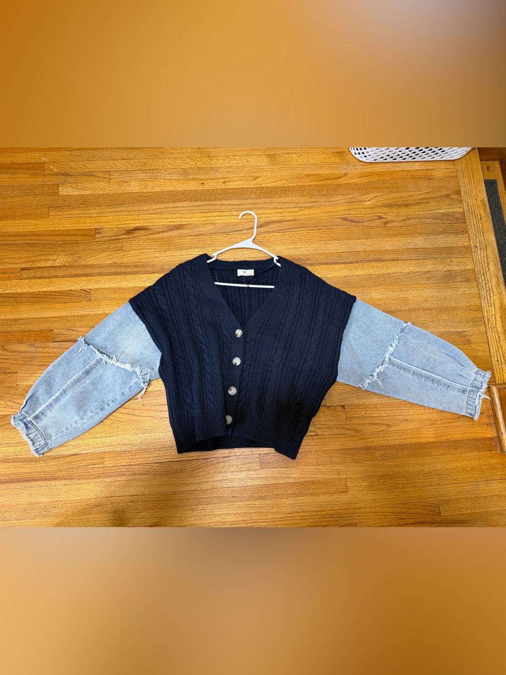 Cropped Navy Knit Cardigan with Light Denim Sleeves